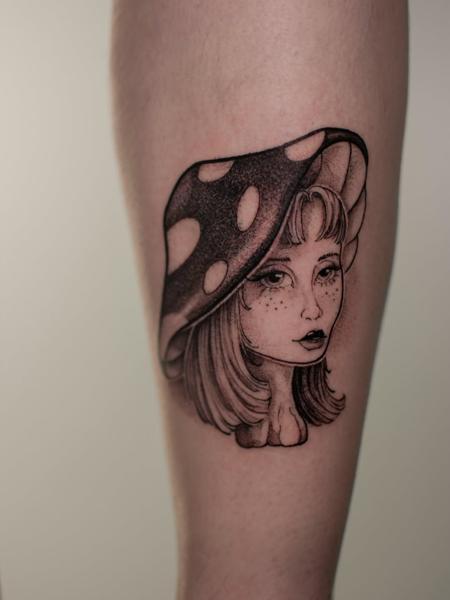 Illustrative mushroom girl tattoo by @sem_tattooer