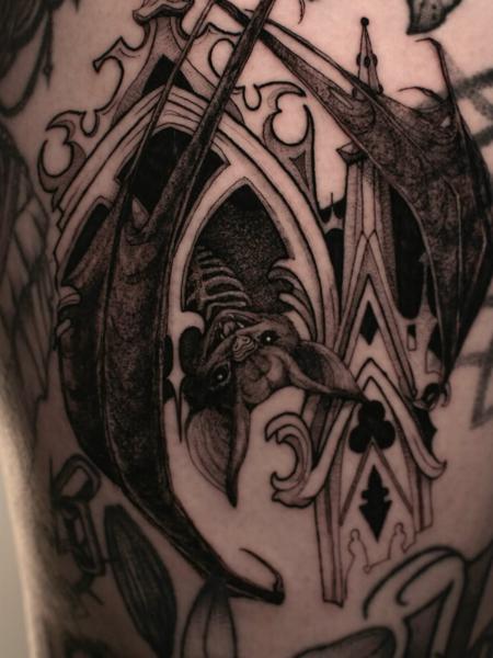 Blackwork bat and architecture tattoo by @sem_tattooer
