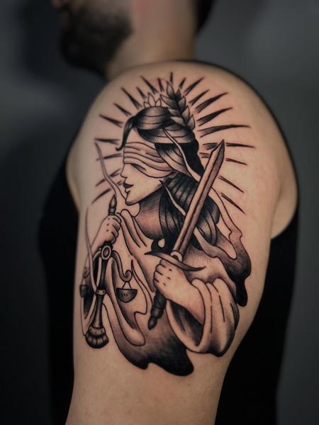 Traditional blindfolded justice tattoo by @the_cutter_tattooer