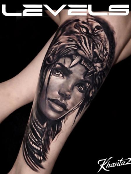 Realism woman tiger headdress tattoo by @khantat2