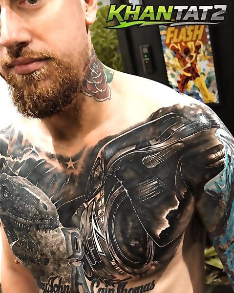 Biomechanical mechanical dinosaur tattoo by @khantat2