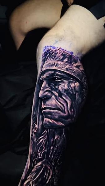Realism warrior portrait tattoo by @khantat2