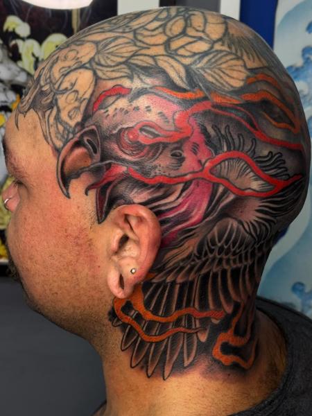 Japanese fiery eagle tattoo by @sharitattoos