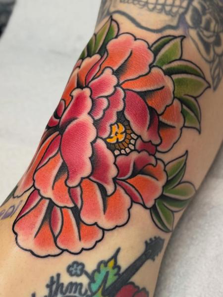 Traditional traditional peony tattoo by @sharitattoos