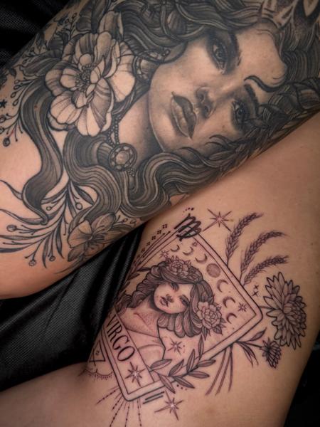 Fine line virgo woman tattoo by @sharneeoliver_tattoo