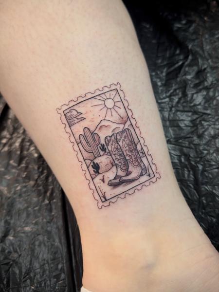 Fine line cowboy boots tattoo by @sharneeoliver_tattoo