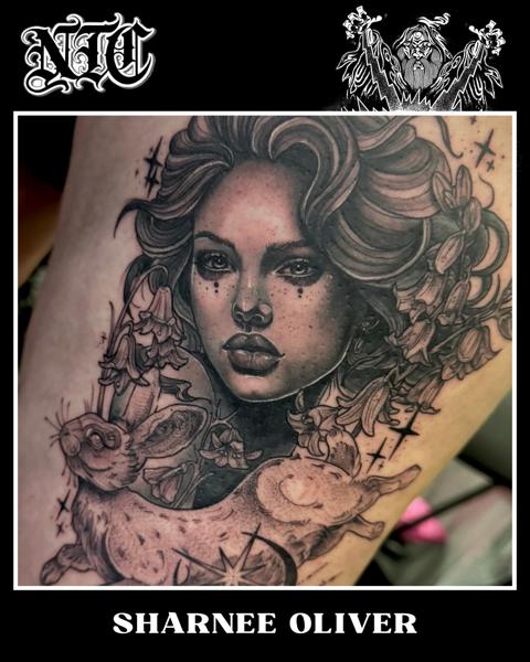 Realism woman and rabbit tattoo by @sharneeoliver_tattoo