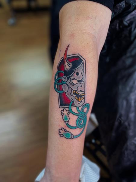 Traditional japanese japanese hannya mask tattoo by @shrddr_tattoo