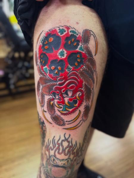 Japanese traditional oni spider tattoo by @shrddr_tattoo