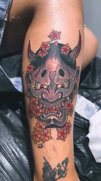 Japanese traditional hannya mask flowers tattoo by @shrddr_tattoo