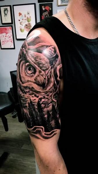Realism owl forest tattoo by @shayne.r.tattoos