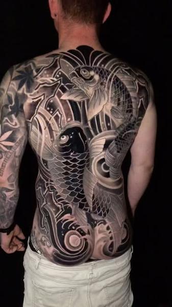 Japanese koi fish tattoo by @shayne.r.tattoos