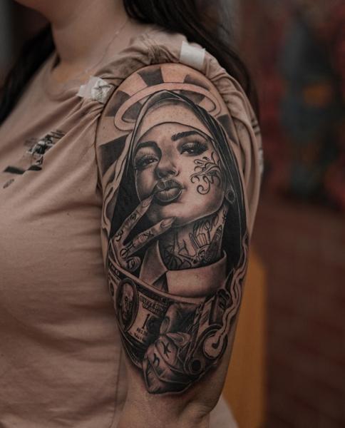 Realism chola nun portrait tattoo by @sherree_lionheart_tattoos