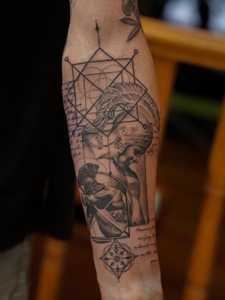 Blackwork geometric warrior tattoo by @sherree_lionheart_tattoos