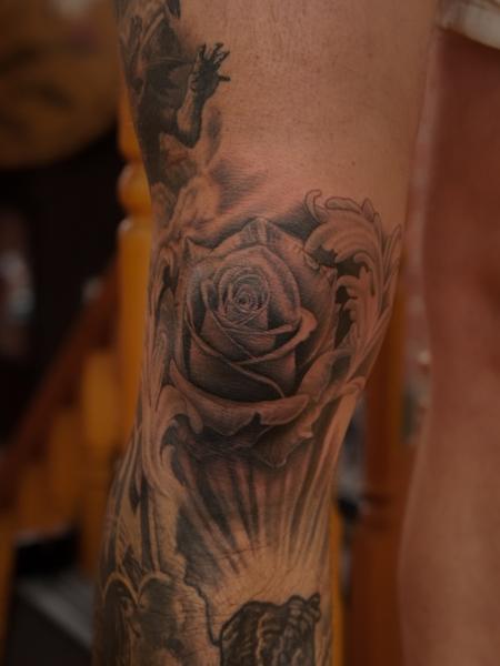 Ornamental black and grey ornamental rose tattoo by @sherree_lionheart_tattoos