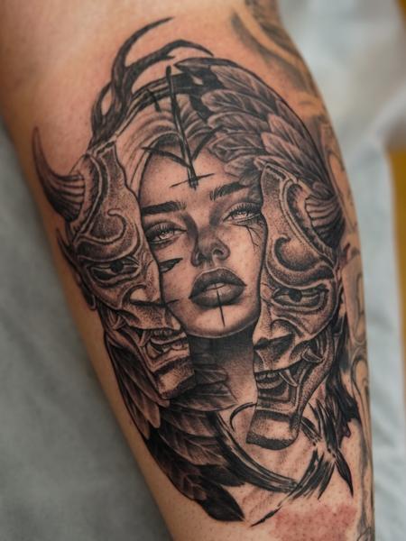 Realism woman demon masks tattoo by @sherree_lionheart_tattoos