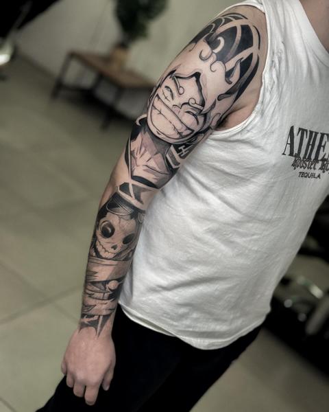 Japanese smiling mask tattoo by @shoutone_