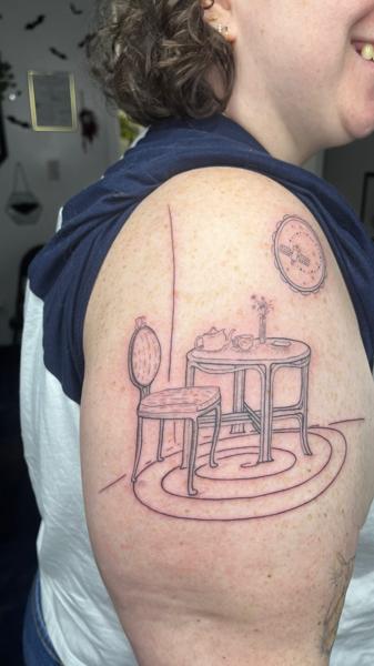 Fine Line table and chair tattoo by @sidryantattoo