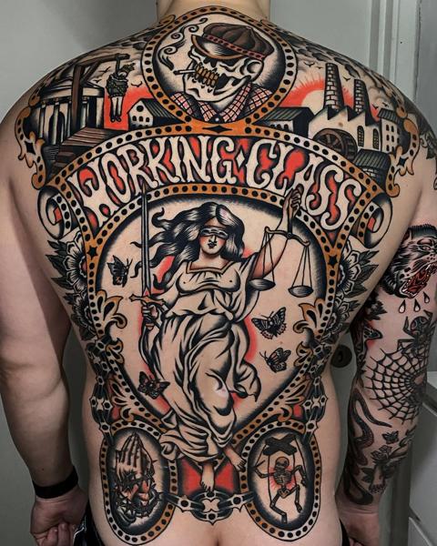 Neo-traditional working class justice tattoo by @siggytattoo