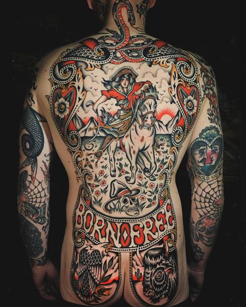 Traditional cowgirl horse tattoo by @siggytattoo
