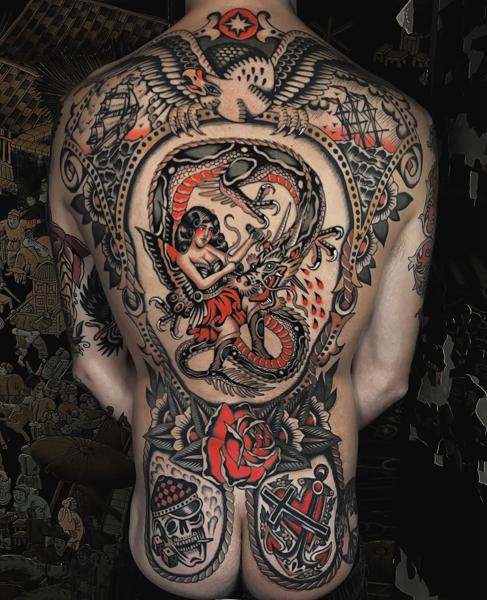 Traditional traditional backpiece tattoo by @siggytattoo