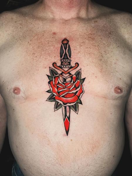 Traditional dagger rose tattoo by @siggytattoo