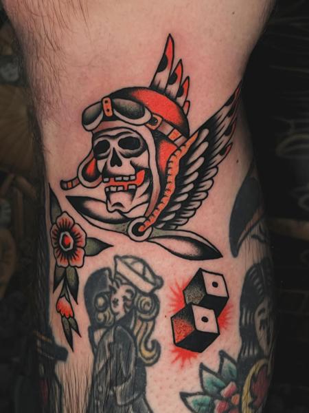 American traditional pilot skull tattoo by @siggytattoo