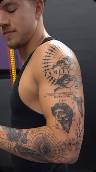 Blackwork family collage tattoo by @inkedsiren_tattoo