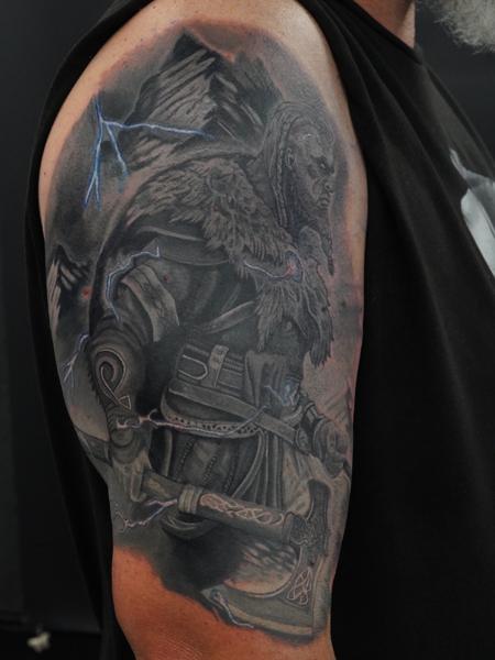 Realism viking warrior tattoo by @inkedsiren_tattoo