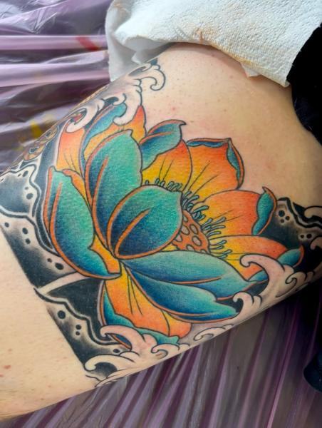 Japanese colorful lotus tattoo by @sjlant