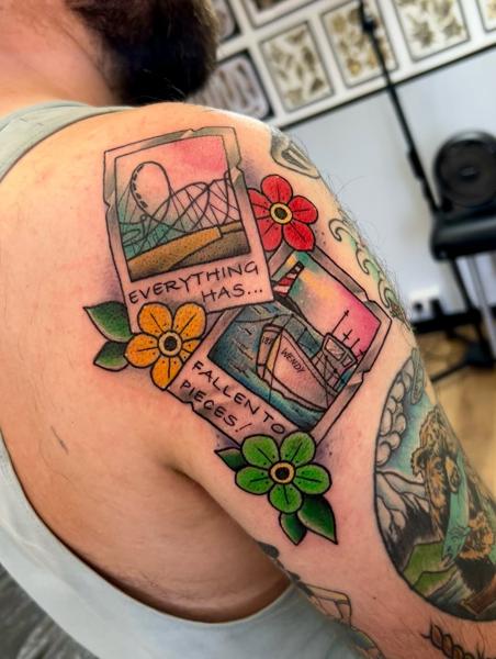 Traditional polaroid collage tattoo by @sjlant