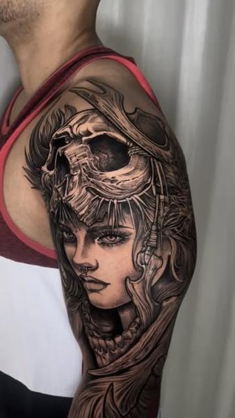 Realism skull headdress woman tattoo by @slimmoxmooreblackwork