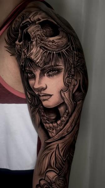 Realism skull warrior woman tattoo by @slimmoxmooreblackwork