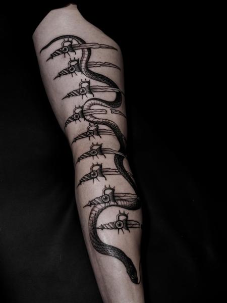 Blackwork snake with daggers tattoo by @sophiemoillustration