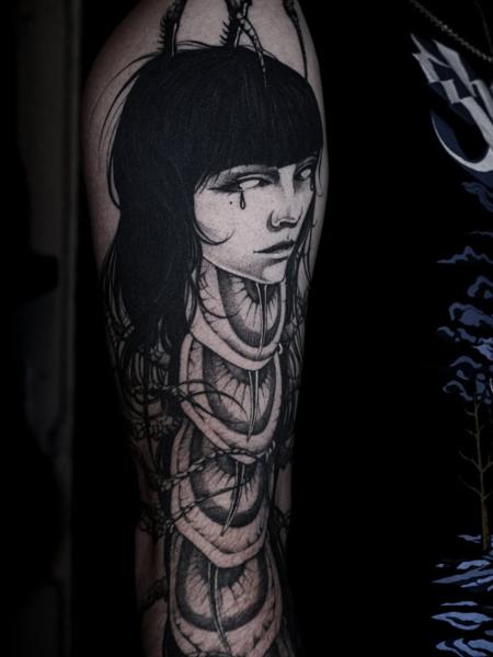 Blackwork crying character tattoo by @sophiemoillustration