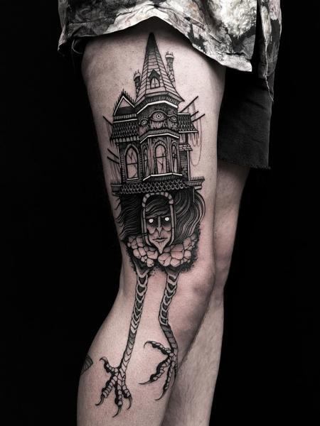 Illustrative house with legs tattoo by @sophiemoillustration