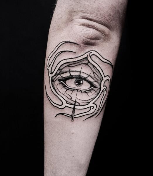 Linework eye with needle tattoo by @sophiemoillustration