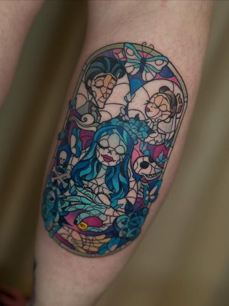 Stained glass corpse bride characters tattoo by @amok893