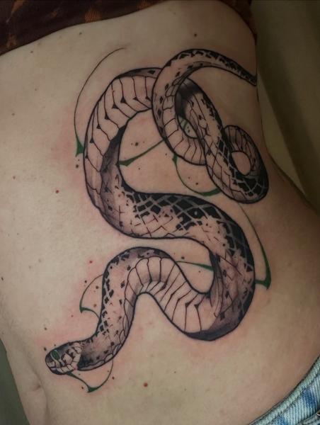 Illustrative coiled snake tattoo by @amok893
