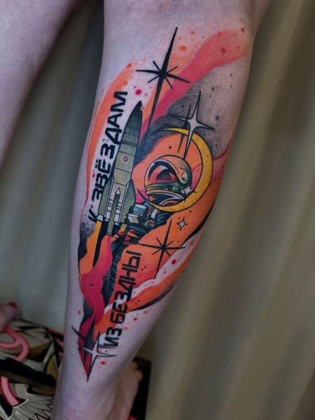 Illustrative cosmic rocket astronaut tattoo by @amok893