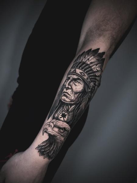 Realism native chief eagle tattoo by @delavina.ttt