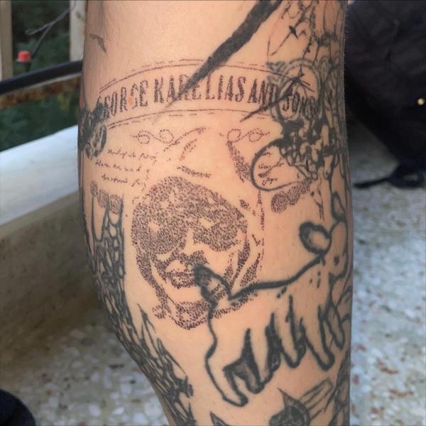 Dotwork abstract collage tattoo by @pcpigeon