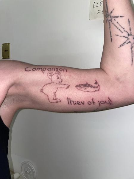 Fine line bear with text tattoo by @pcpigeon