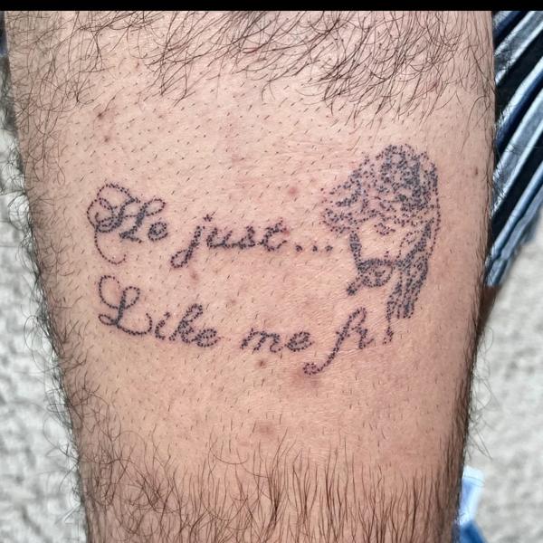 Fine line text and face tattoo by @pcpigeon