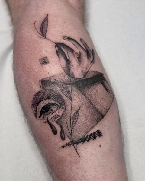 Dotwork surreal hand and eye tattoo by @_avlamis