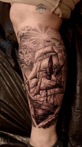 Realism sailing ship tattoo by @stefan_artofeternity