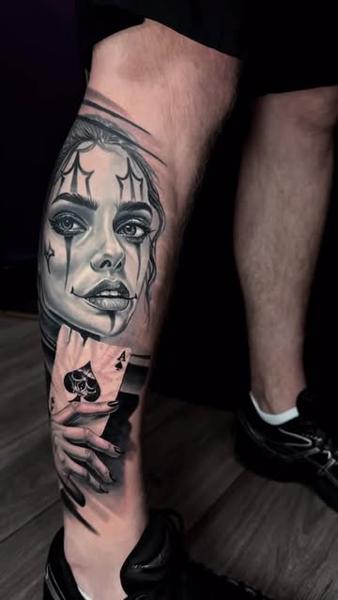 Realism joker woman tattoo by @stefan.catalin.druga