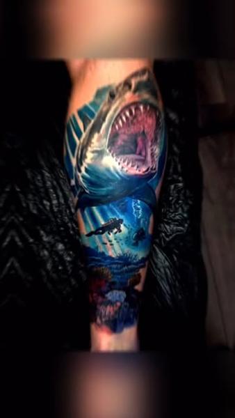 Realism shark scene tattoo by @stefan.catalin.druga