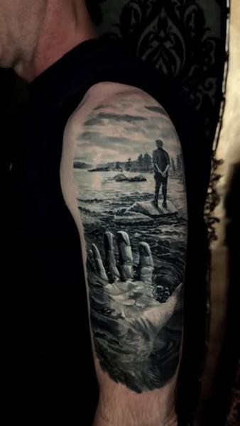 Realism landscape with hand tattoo by @stefan.catalin.druga