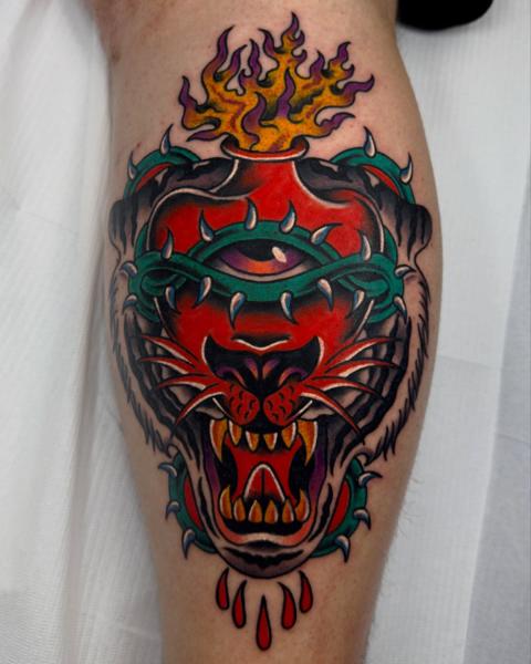 Traditional flaming tiger tattoo by @stef_mits_tattoo